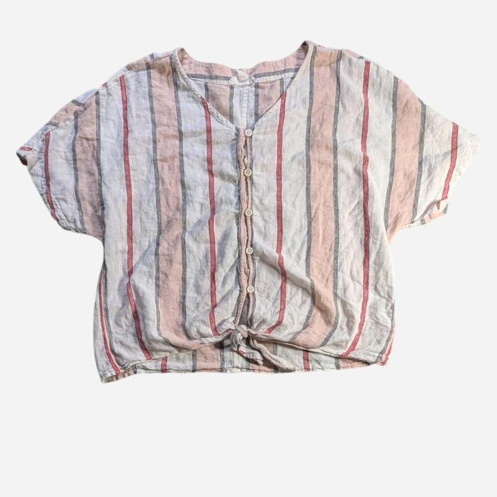Pink and White Striped BeachLunchLounge Linen-Blend Crop Top - Size S